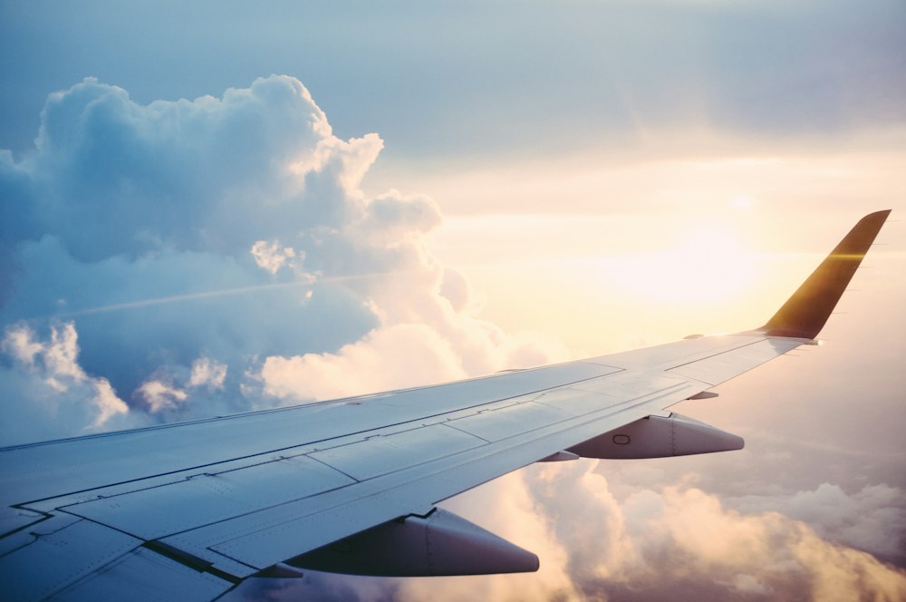 Last minute flight takeoff at sunset